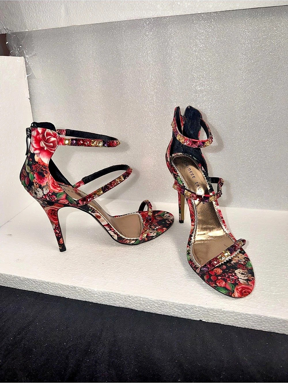 Chinese Laundry Floral Ankle Strap Heels in Black & Red Like New